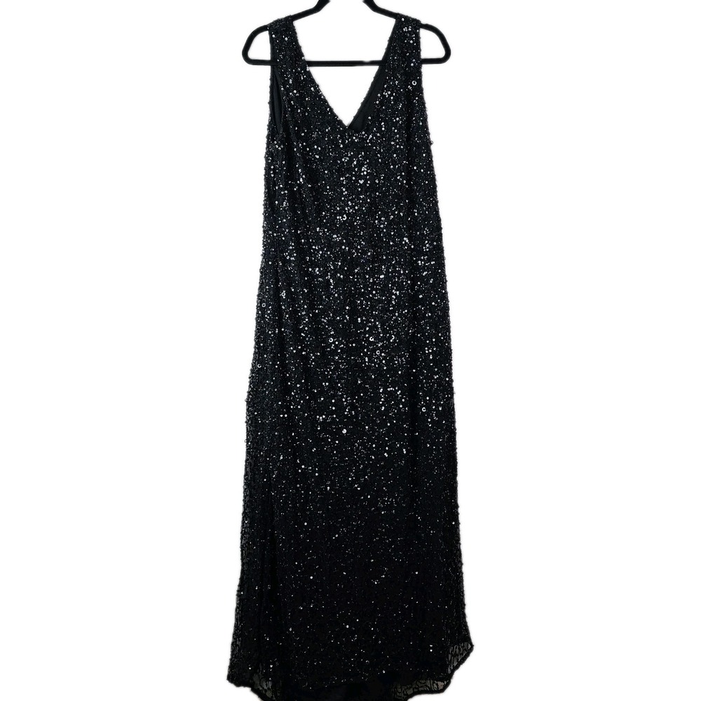 ADRIANNA PAPELL Long Sequin Black Dress Gown Sleeveless w/Train Size 18W Formal
